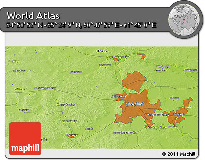 Physical 3D Map of the Area around 55° 11' 31" N, 61° 16' 29" E