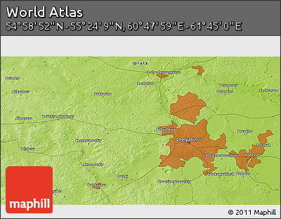 Physical 3D Map of the Area around 55° 11' 31" N, 61° 16' 29" E