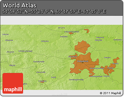Physical 3D Map of the Area around 55° 11' 31" N, 61° 16' 29" E