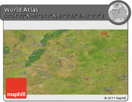 Satellite 3D Map of the Area around 55° 11' 31" N, 65° 31' 30" E