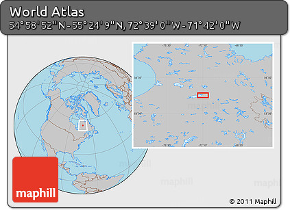 Gray Location Map of the Area around 55° 11' 31" N, 72° 10' 30" W