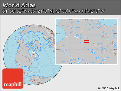 Gray Location Map of the Area around 55° 11' 31" N, 72° 10' 30" W