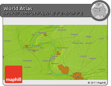 Physical 3D Map of the Area around 55° 11' 31" N, 73° 10' 30" E