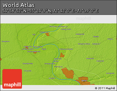Physical 3D Map of the Area around 55° 11' 31" N, 73° 10' 30" E