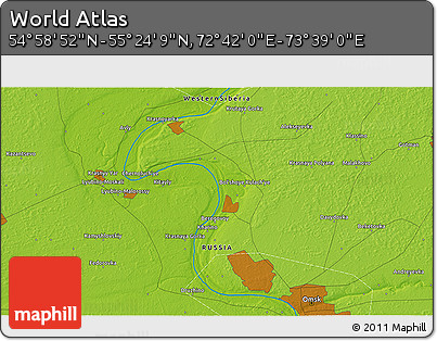 Physical 3D Map of the Area around 55° 11' 31" N, 73° 10' 30" E