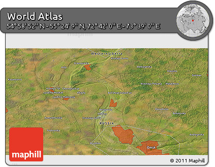 Satellite 3D Map of the Area around 55° 11' 31" N, 73° 10' 30" E