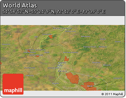 Satellite 3D Map of the Area around 55° 11' 31" N, 73° 10' 30" E