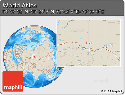 Shaded Relief Location Map of the Area around 55° 11' 31" N, 73° 10' 30" E