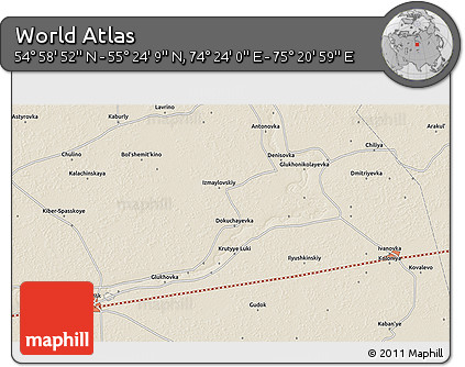 Shaded Relief 3D Map of the Area around 55° 11' 31" N, 74° 52' 30" E