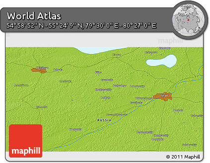 Physical 3D Map of the Area around 55° 11' 31" N, 79° 58' 29" E
