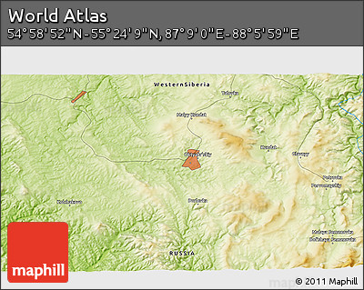 Physical 3D Map of the Area around 55° 11' 31" N, 87° 37' 30" E