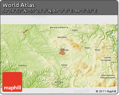 Physical 3D Map of the Area around 55° 11' 31" N, 87° 37' 30" E