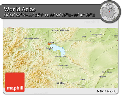 Physical 3D Map of the Area around 55° 11' 31" N, 89° 19' 29" E