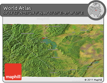 Satellite 3D Map of the Area around 55° 11' 31" N, 89° 19' 29" E