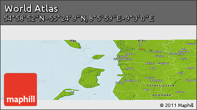 Physical Panoramic Map of the Area around 55° 11' 31" N, 8° 34' 29" E