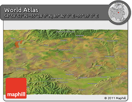 Satellite 3D Map of the Area around 55° 11' 31" N, 90° 10' 30" E