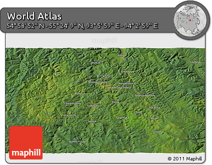 Satellite 3D Map of the Area around 55° 11' 31" N, 93° 34' 29" E