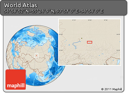 Shaded Relief Location Map of the Area around 55° 11' 31" N, 94° 25' 30" E