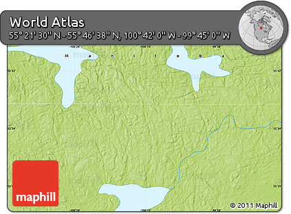 Physical Map of the Area around 55° 34' 4" N, 100° 13' 29" W