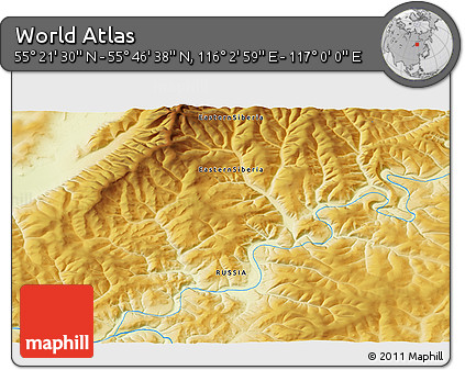 Physical 3D Map of the Area around 55° 34' 4" N, 116° 31' 30" E