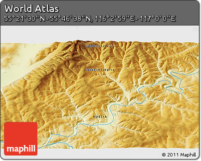 Physical 3D Map of the Area around 55° 34' 4" N, 116° 31' 30" E