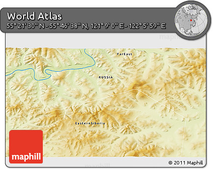 Physical 3D Map of the Area around 55° 34' 4" N, 121° 37' 30" E