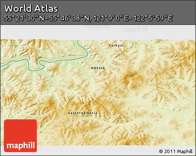 Physical 3D Map of the Area around 55° 34' 4" N, 121° 37' 30" E
