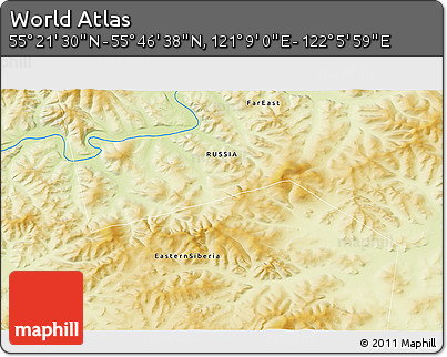Physical 3D Map of the Area around 55° 34' 4" N, 121° 37' 30" E