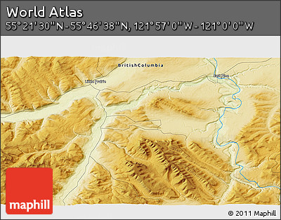 Physical 3D Map of the Area around 55° 34' 4" N, 121° 28' 29" W