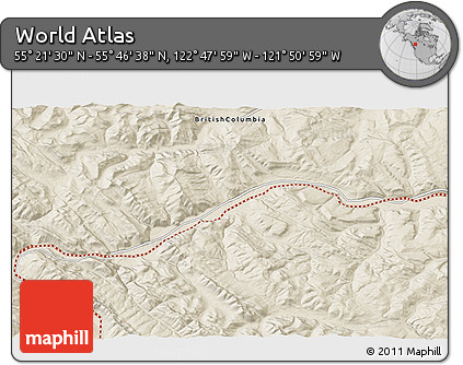 Shaded Relief 3D Map of the Area around 55° 34' 4" N, 122° 19' 29" W