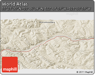 Shaded Relief 3D Map of the Area around 55° 34' 4" N, 122° 19' 29" W
