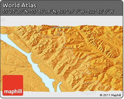 Political 3D Map of the Area around 55° 34' 4" N, 123° 10' 30" W