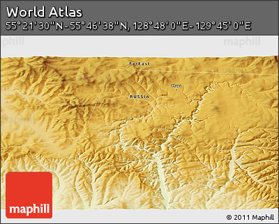 Physical 3D Map of the Area around 55° 34' 4" N, 129° 16' 30" E