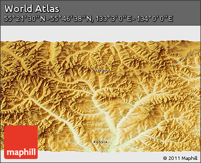 Physical 3D Map of the Area around 55° 34' 4" N, 133° 31' 30" E