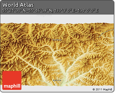 Physical 3D Map of the Area around 55° 34' 4" N, 133° 31' 30" E
