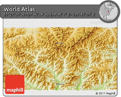 Physical 3D Map of the Area around 55° 34' 4" N, 135° 13' 29" E