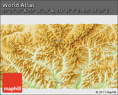 Physical 3D Map of the Area around 55° 34' 4" N, 135° 13' 29" E