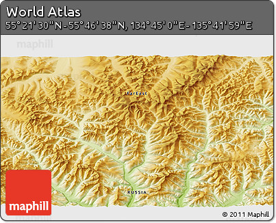 Physical 3D Map of the Area around 55° 34' 4" N, 135° 13' 29" E