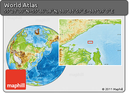 Physical Location Map of the Area around 55° 34' 4" N, 141° 10' 30" E