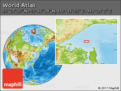 Physical Location Map of the Area around 55° 34' 4" N, 141° 10' 30" E