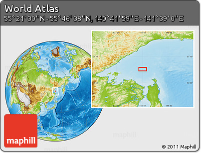 Physical Location Map of the Area around 55° 34' 4" N, 141° 10' 30" E