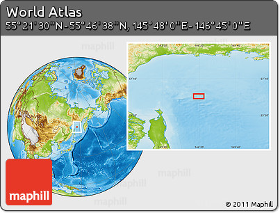 Physical Location Map of the Area around 55° 34' 4" N, 146° 16' 30" E