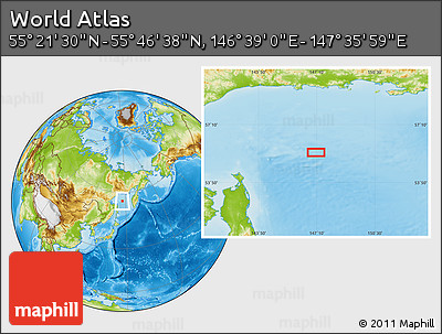 Physical Location Map of the Area around 55° 34' 4" N, 147° 7' 30" E