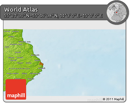 Physical 3D Map of the Area around 55° 34' 4" N, 14° 31' 30" E