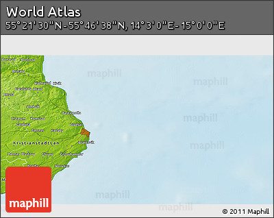 Physical 3D Map of the Area around 55° 34' 4" N, 14° 31' 30" E