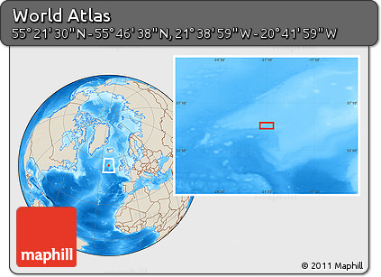 Shaded Relief Location Map of the Area around 55° 34' 4" N, 21° 10' 29" W
