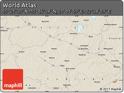 Shaded Relief Map of the Area around 55° 34' 4" N, 22° 10' 29" E