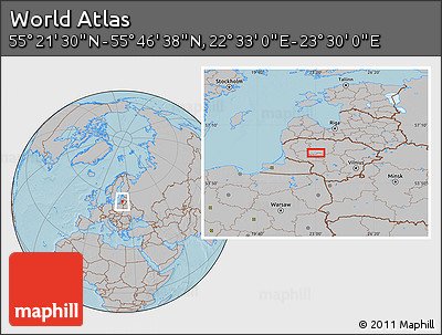 Gray Location Map of the Area around 55° 34' 4" N, 23° 1' 29" E, hill shading