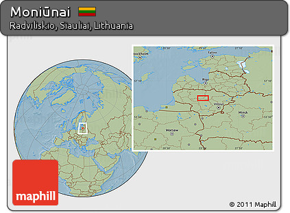 Savanna Style Location Map of Moniūnai, hill shading