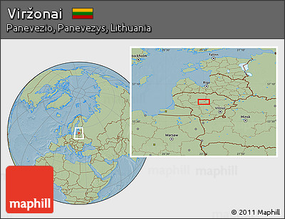 Savanna Style Location Map of Viržonai, hill shading